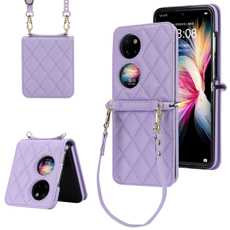 For Huawei P50 Pocket Rhombic Texture Card Bag Phone Case with Dual Lanyard(Purple) - Huawei Cases by PMC TechLife | Online Shopping South Africa | PMC TechLife | Buy Now Pay Later Mobicred