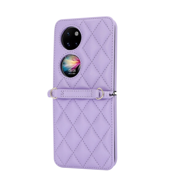 For Huawei P50 Pocket Rhombic Texture Card Bag Phone Case with Dual Lanyard(Purple) - Huawei Cases by PMC TechLife | Online Shopping South Africa | PMC TechLife | Buy Now Pay Later Mobicred