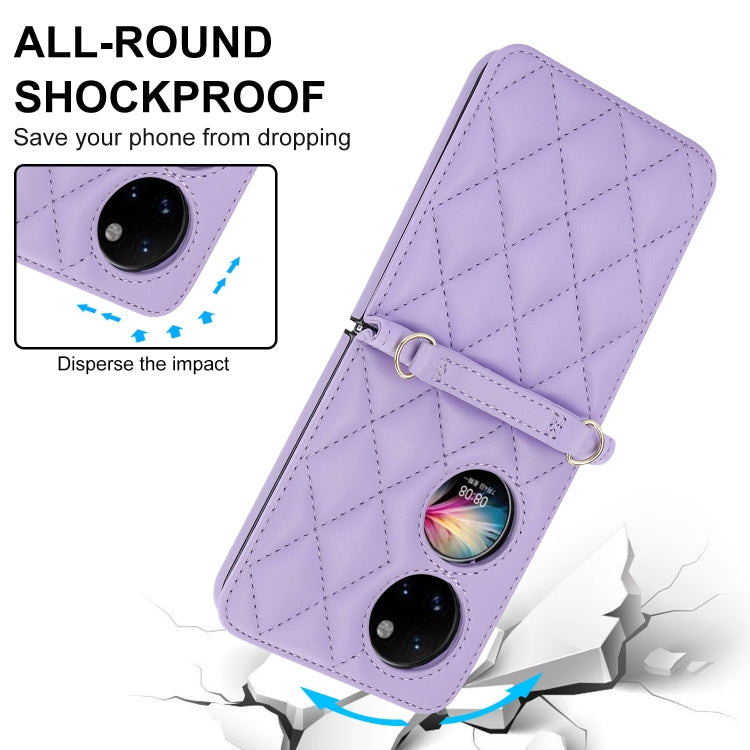 For Huawei P50 Pocket Rhombic Texture Card Bag Phone Case with Dual Lanyard(Purple) - Huawei Cases by PMC TechLife | Online Shopping South Africa | PMC TechLife | Buy Now Pay Later Mobicred
