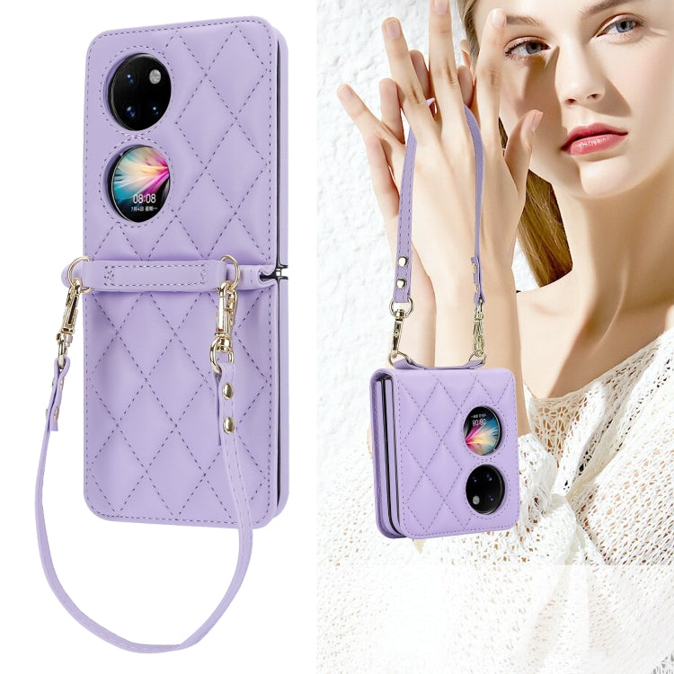 For Huawei P50 Pocket Rhombic Texture Card Bag Phone Case with Dual Lanyard(Purple) - Huawei Cases by PMC TechLife | Online Shopping South Africa | PMC TechLife | Buy Now Pay Later Mobicred