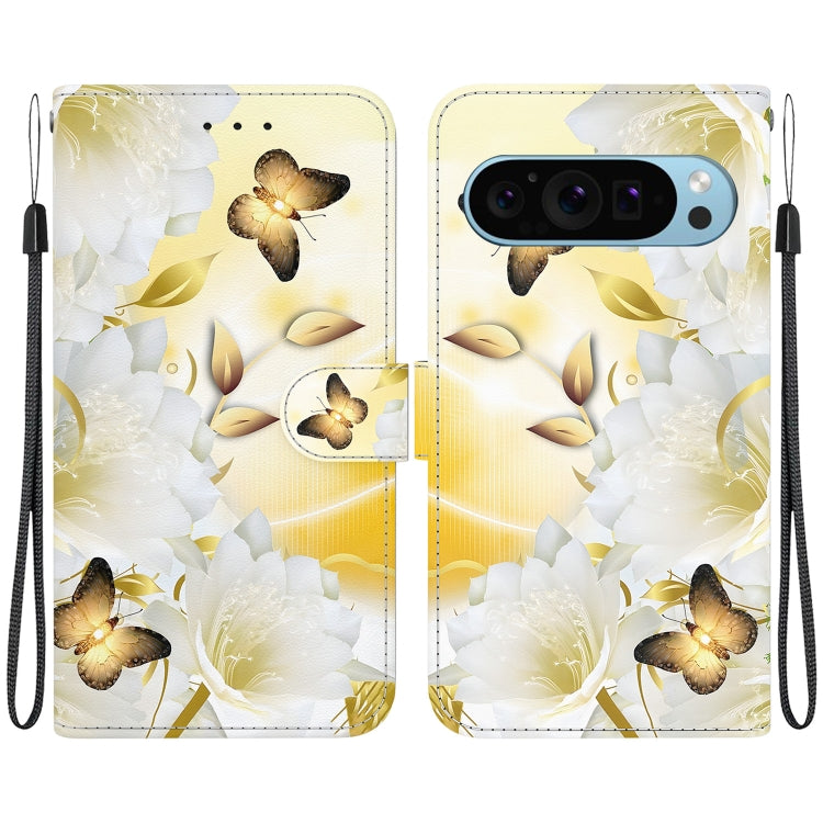 For Google Pixel 9 Pro Crystal Texture Colored Drawing Leather Phone Case(Gold Butterfly Epiphyllum) - Google Cases by PMC TechLife | Online Shopping South Africa | PMC TechLife | Buy Now Pay Later Mobicred