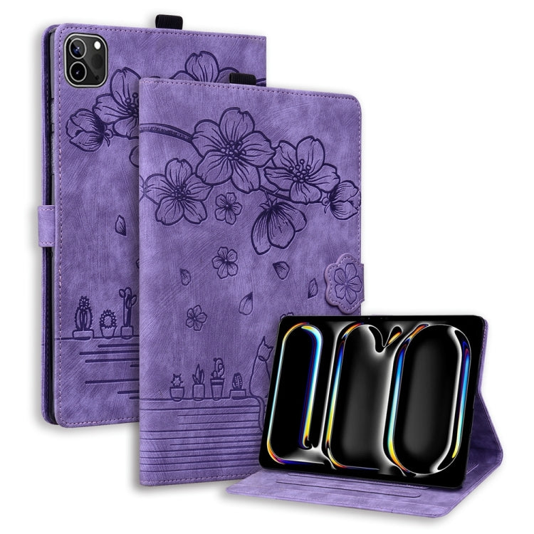 For iPad Pro 13 2024 Cartoon Sakura Cat Embossed Smart Leather Tablet Case(Purple) - iPad Pro 13 2024 Cases by PMC TechLife | Online Shopping South Africa | PMC TechLife | Buy Now Pay Later Mobicred