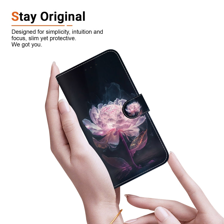 For iPhone 16e Crystal Texture Colored Drawing Leather Phone Case(Purple Peony) - iPhone 16e Cases by PMC TechLife | Online Shopping South Africa | PMC TechLife | Buy Now Pay Later Mobicred