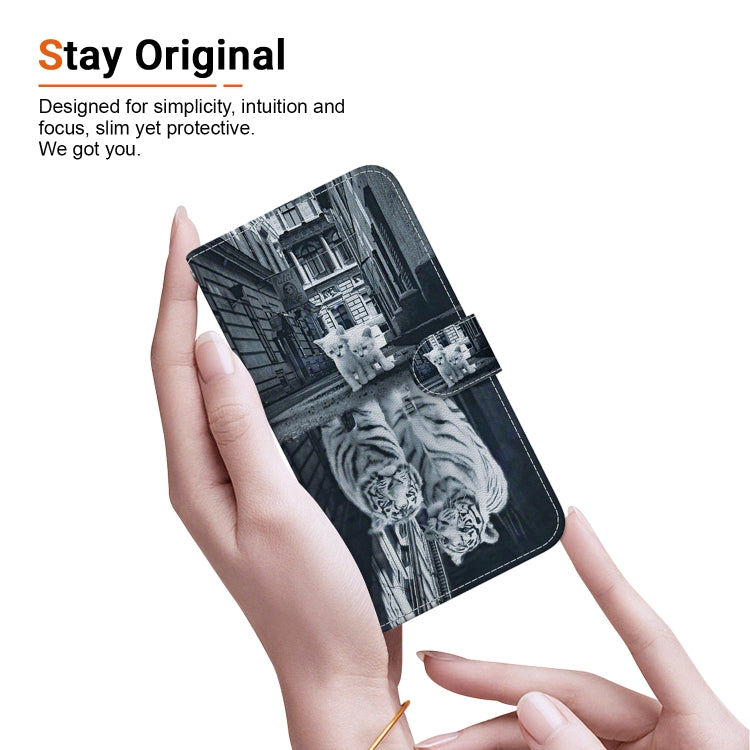 For iPhone 16e Crystal Texture Colored Drawing Leather Phone Case(Cat Tiger Reflection) - iPhone 16e Cases by PMC TechLife | Online Shopping South Africa | PMC TechLife | Buy Now Pay Later Mobicred