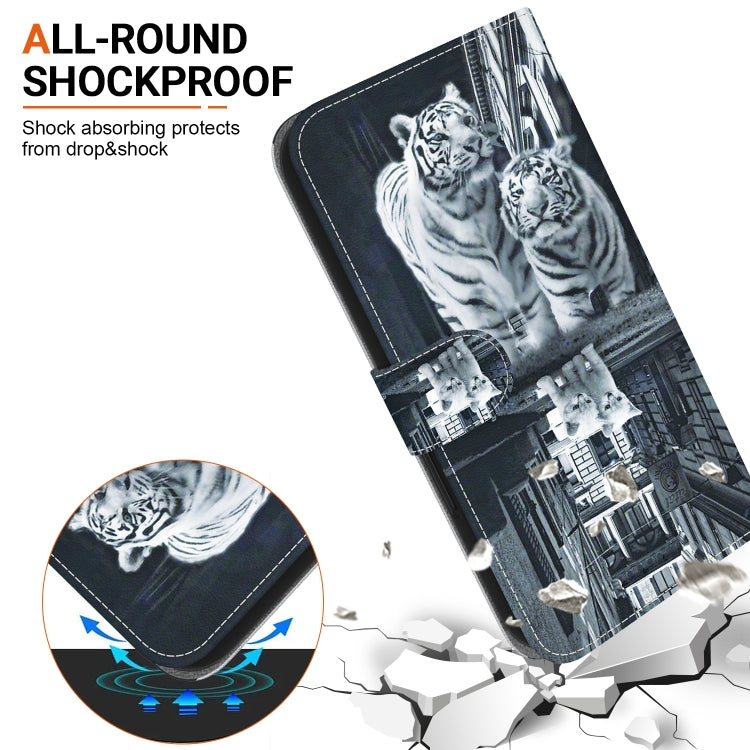 For iPhone 16e Crystal Texture Colored Drawing Leather Phone Case(Cat Tiger Reflection) - iPhone 16e Cases by PMC TechLife | Online Shopping South Africa | PMC TechLife | Buy Now Pay Later Mobicred