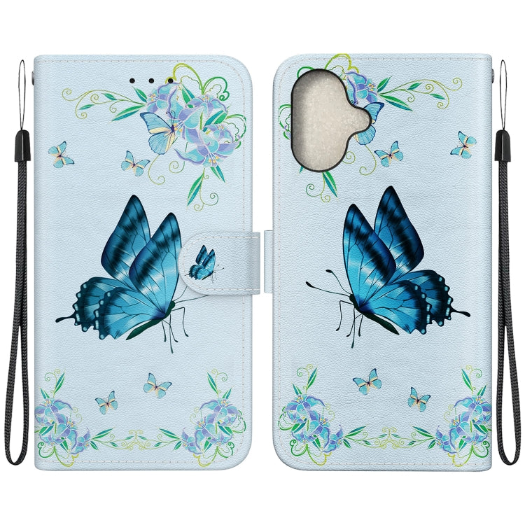 For iPhone 16 Crystal Texture Colored Drawing Leather Phone Case(Blue Pansies) - iPhone 16 Cases by PMC TechLife | Online Shopping South Africa | PMC TechLife | Buy Now Pay Later Mobicred