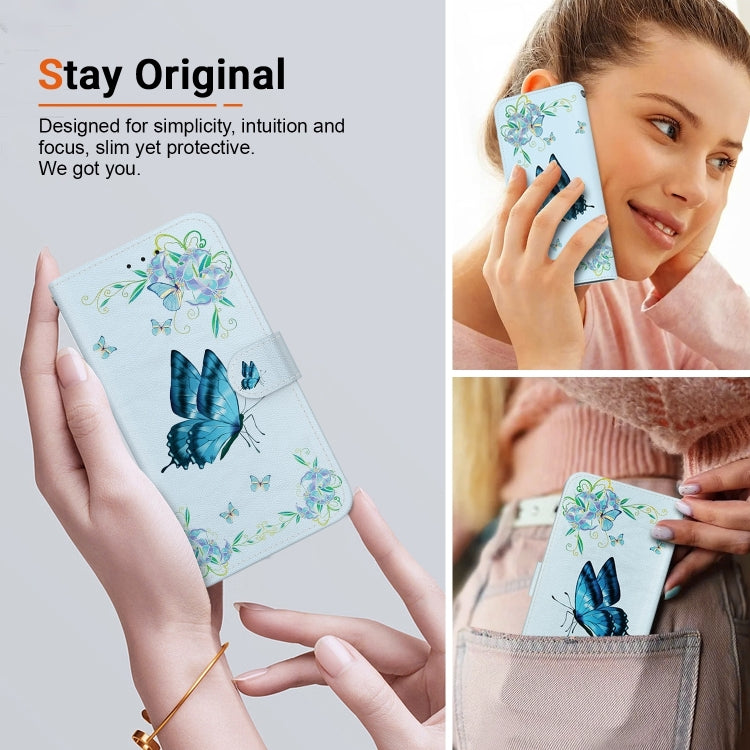 For iPhone 16 Crystal Texture Colored Drawing Leather Phone Case(Blue Pansies) - iPhone 16 Cases by PMC TechLife | Online Shopping South Africa | PMC TechLife | Buy Now Pay Later Mobicred