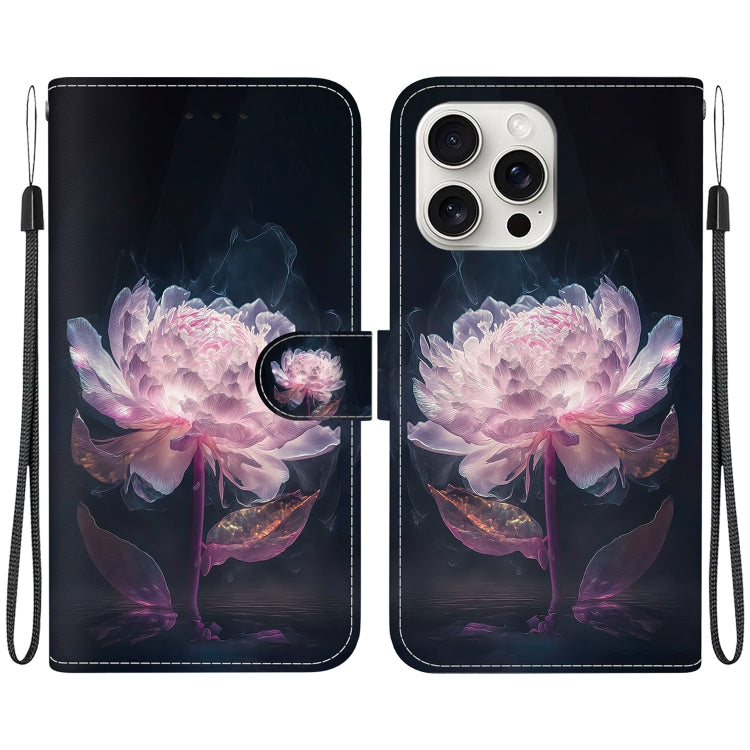 For iPhone 16 Pro Max Crystal Texture Colored Drawing Leather Phone Case(Purple Peony) - iPhone 16 Pro Max Cases by PMC TechLife | Online Shopping South Africa | PMC TechLife | Buy Now Pay Later Mobicred