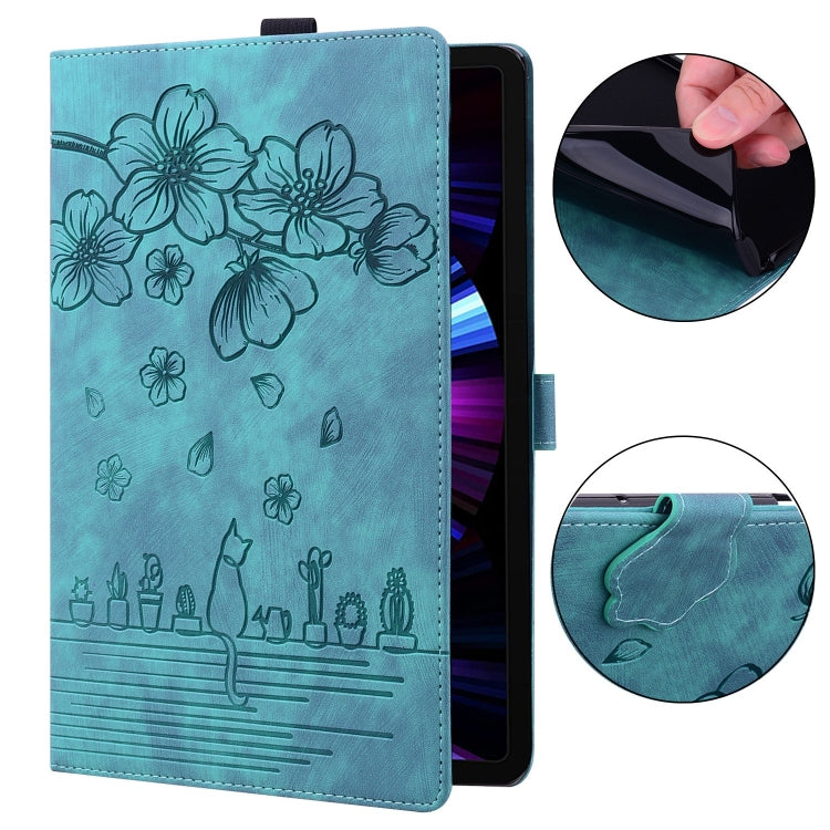 For Samsung Galaxy Tab A9+ Cartoon Sakura Cat Embossed Leather Tablet Case(Green) - Galaxy Tab A9+ by PMC TechLife | Online Shopping South Africa | PMC TechLife
