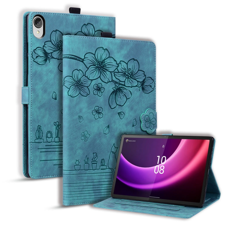 For Lenovo Tab P11 TB-J606F Cartoon Sakura Cat Embossed Leather Tablet Case(Green) - Lenovo by PMC TechLife | Online Shopping South Africa | PMC TechLife | Buy Now Pay Later Mobicred