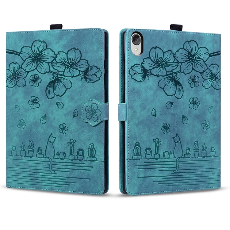 For Lenovo Tab P11 TB-J606F Cartoon Sakura Cat Embossed Leather Tablet Case(Green) - Lenovo by PMC TechLife | Online Shopping South Africa | PMC TechLife | Buy Now Pay Later Mobicred