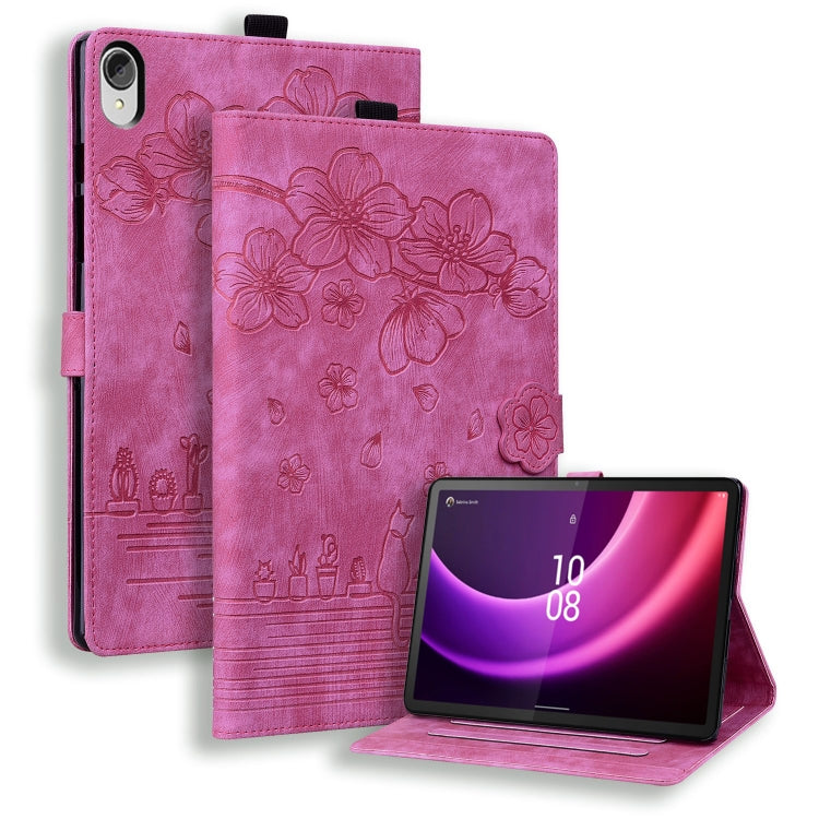 For Lenovo Tab P11 TB-J606F Cartoon Sakura Cat Embossed Leather Tablet Case(Rose Red) - Lenovo by PMC TechLife | Online Shopping South Africa | PMC TechLife | Buy Now Pay Later Mobicred