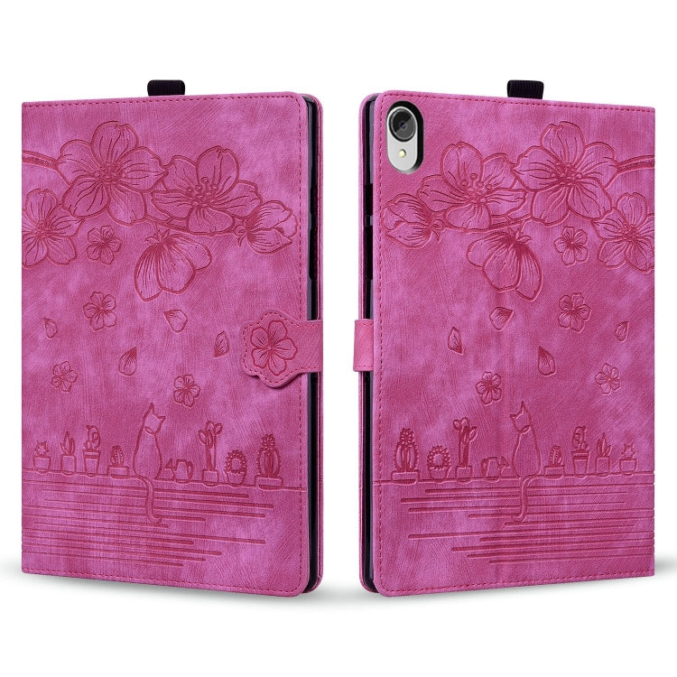 For Lenovo Tab P11 TB-J606F Cartoon Sakura Cat Embossed Leather Tablet Case(Rose Red) - Lenovo by PMC TechLife | Online Shopping South Africa | PMC TechLife | Buy Now Pay Later Mobicred