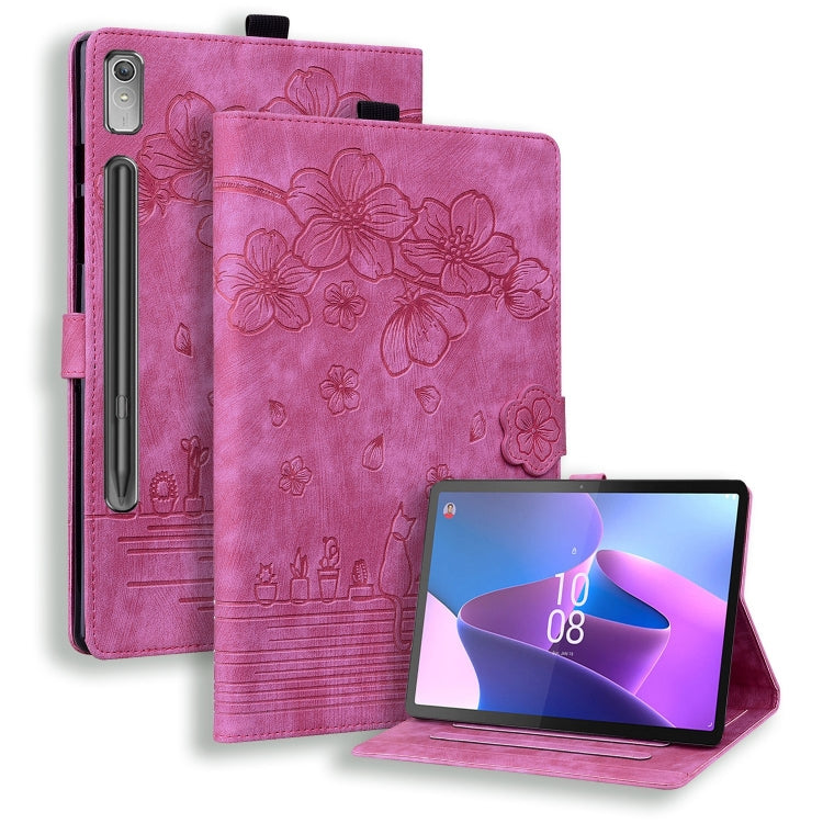 For Lenovo Xiaoxin Pad Pro 2022 / P11 Pro 2 Cartoon Sakura Cat Embossed Leather Tablet Case(Rose Red) - Lenovo by PMC TechLife | Online Shopping South Africa | PMC TechLife | Buy Now Pay Later Mobicred