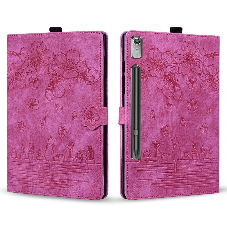 For Lenovo Xiaoxin Pad Pro 2022 / P11 Pro 2 Cartoon Sakura Cat Embossed Leather Tablet Case(Rose Red) - Lenovo by PMC TechLife | Online Shopping South Africa | PMC TechLife | Buy Now Pay Later Mobicred
