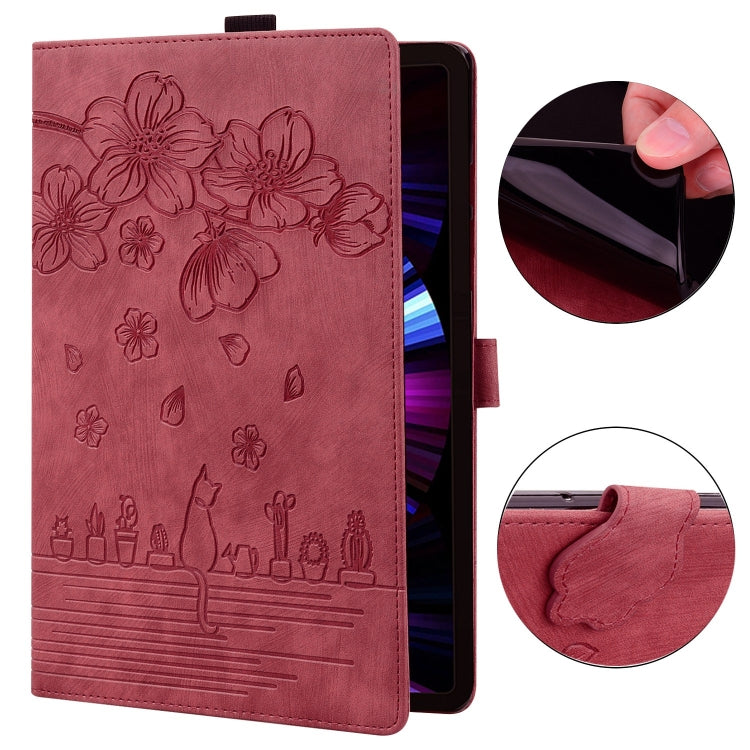 For Lenovo Xiaoxin Pad Pro 2022 / P11 Pro 2 Cartoon Sakura Cat Embossed Leather Tablet Case(Red) - Lenovo by PMC TechLife | Online Shopping South Africa | PMC TechLife | Buy Now Pay Later Mobicred