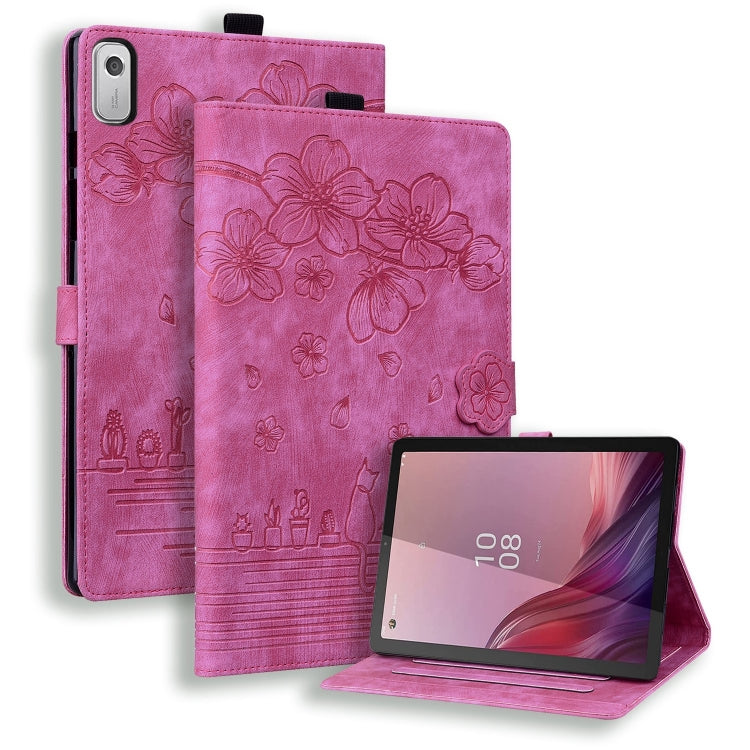 For Lenovo Tab M9 Cartoon Sakura Cat Embossed Leather Tablet Case(Rose Red) - Lenovo by PMC TechLife | Online Shopping South Africa | PMC TechLife | Buy Now Pay Later Mobicred