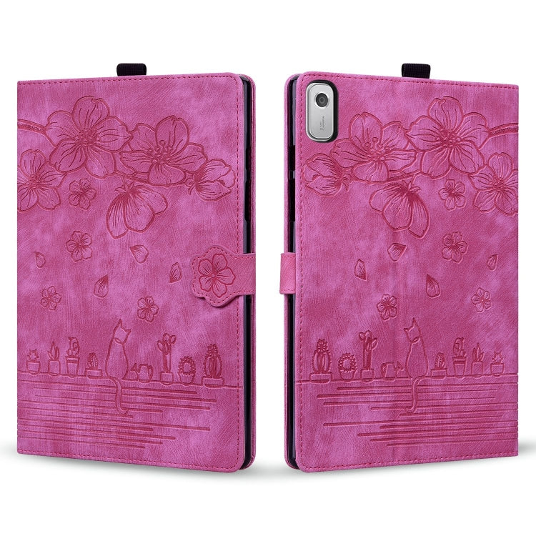 For Lenovo Tab M9 Cartoon Sakura Cat Embossed Leather Tablet Case(Rose Red) - Lenovo by PMC TechLife | Online Shopping South Africa | PMC TechLife | Buy Now Pay Later Mobicred