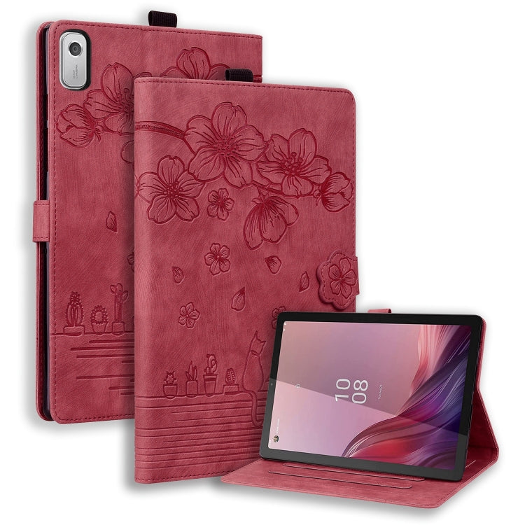 For Lenovo Tab M9 Cartoon Sakura Cat Embossed Leather Tablet Case(Red) - Lenovo by PMC TechLife | Online Shopping South Africa | PMC TechLife | Buy Now Pay Later Mobicred