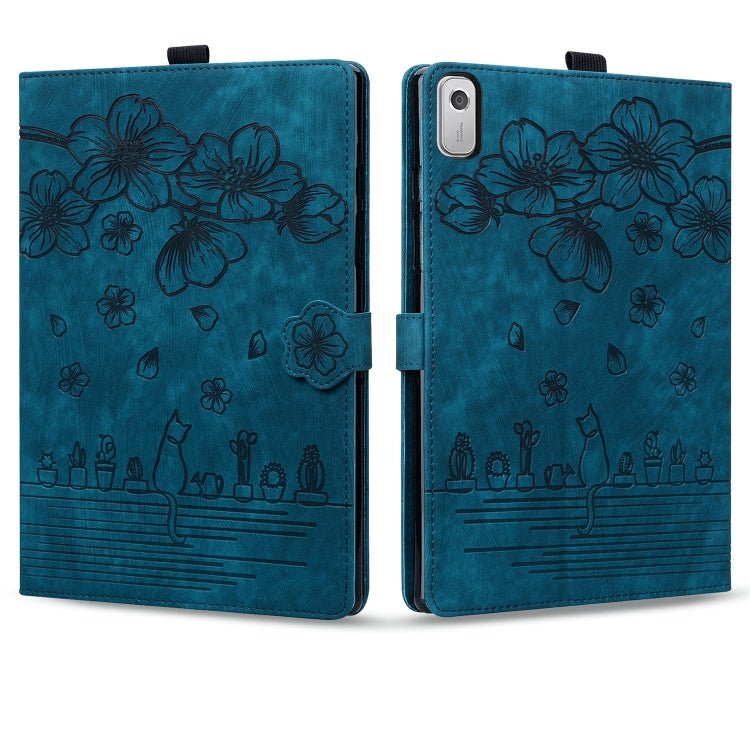 For Lenovo Tab M9 Cartoon Sakura Cat Embossed Leather Tablet Case(Blue) - Lenovo by PMC TechLife | Online Shopping South Africa | PMC TechLife | Buy Now Pay Later Mobicred