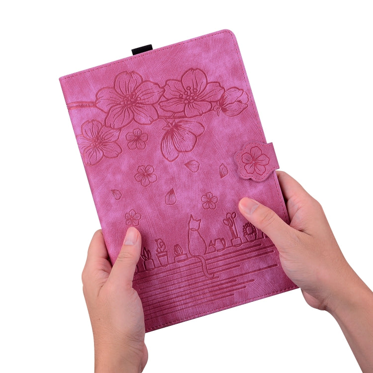 For Lenovo Tab K11 Plus / M11 Plus Cartoon Sakura Cat Embossed Leather Tablet Case(Rose Red) - Lenovo by PMC TechLife | Online Shopping South Africa | PMC TechLife | Buy Now Pay Later Mobicred