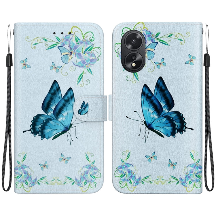 For OPPO A38 4G / A18 Crystal Texture Colored Drawing Leather Phone Case(Blue Pansies) - A38 Cases by PMC TechLife | Online Shopping South Africa | PMC TechLife | Buy Now Pay Later Mobicred