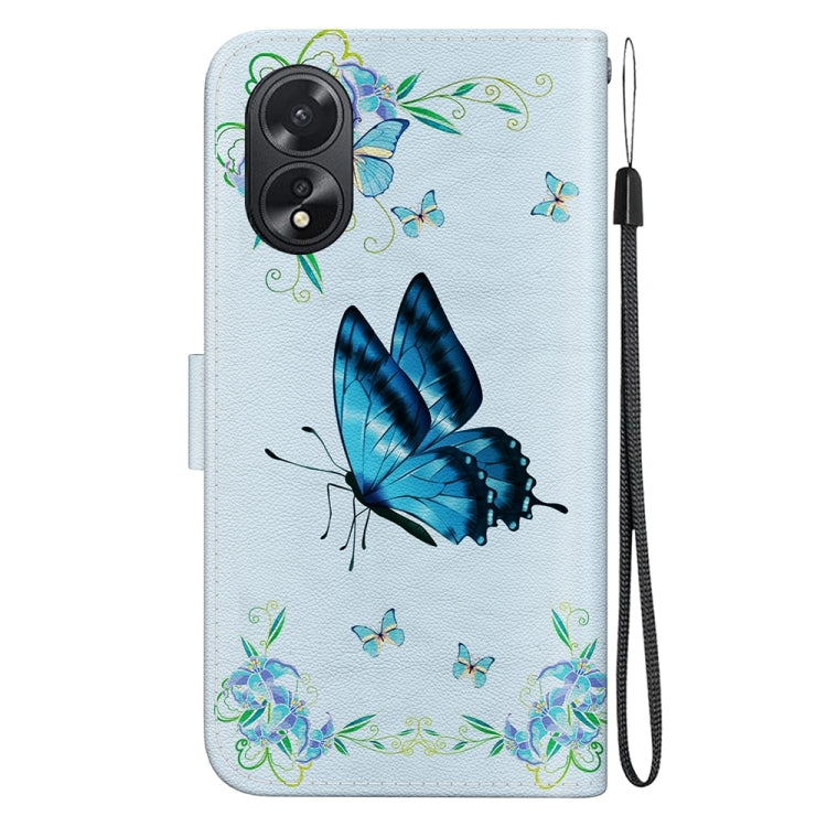 For OPPO A38 4G / A18 Crystal Texture Colored Drawing Leather Phone Case(Blue Pansies) - A38 Cases by PMC TechLife | Online Shopping South Africa | PMC TechLife | Buy Now Pay Later Mobicred