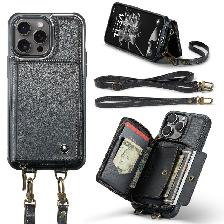 For iPhone 16 Pro Max JEEHOOD C22 Series Zipper Wallet Leather Phone Case with Dual Lanyard(Black) - free shipping - PMC Jewellery - Order now!