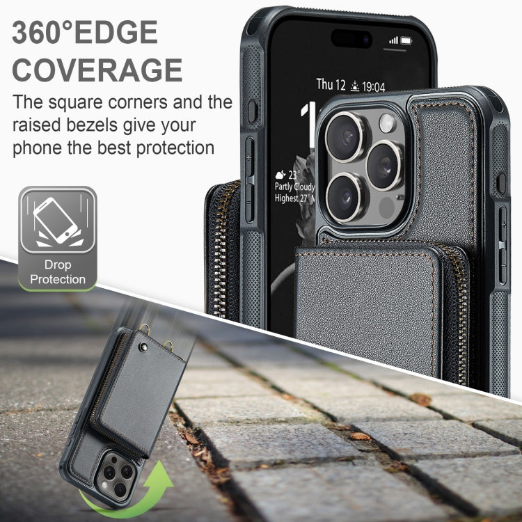 For iPhone 16 Pro Max JEEHOOD C22 Series Zipper Wallet Leather Phone Case with Dual Lanyard(Black) - free shipping - PMC Jewellery - Order now!