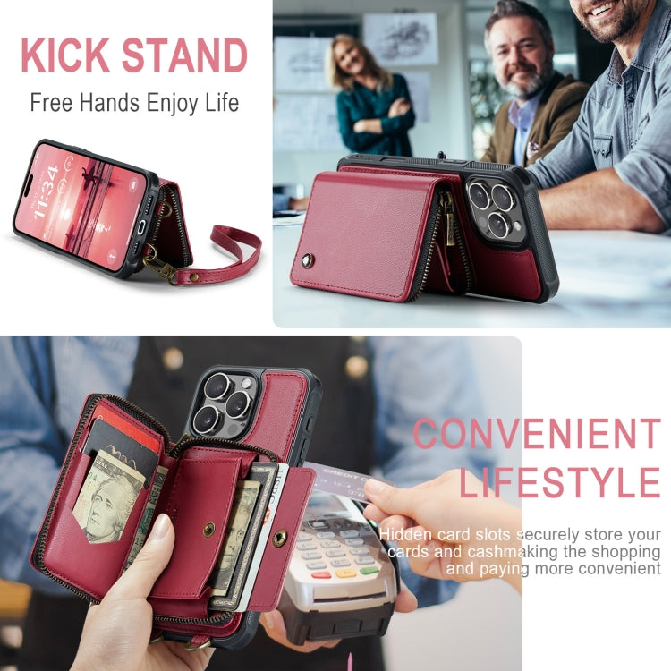 For iPhone 16 Pro Max JEEHOOD C22 Series Zipper Wallet Leather Phone Case with Dual Lanyard(Red) - free shipping - PMC Jewellery - Order now!