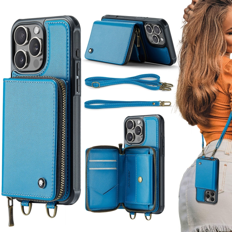 For iPhone 16 Pro JEEHOOD C22 Series Zipper Wallet Leather Phone Case with Dual Lanyard(Blue) - free shipping - PMC Jewellery - Order now!
