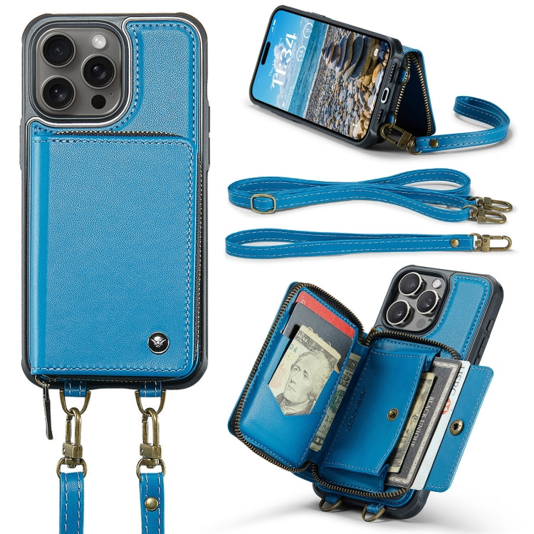 For iPhone 16 Pro JEEHOOD C22 Series Zipper Wallet Leather Phone Case with Dual Lanyard(Blue) - free shipping - PMC Jewellery - Order now!