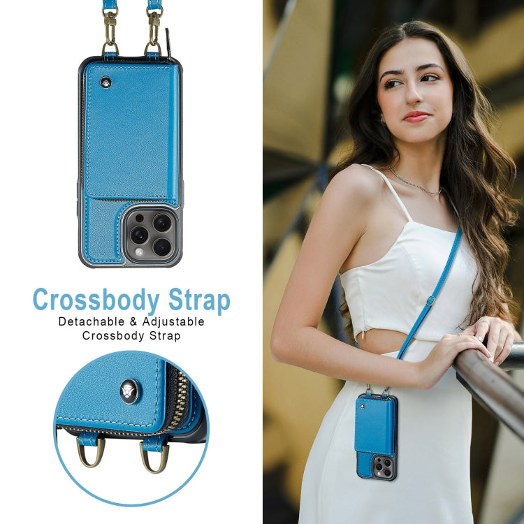 For iPhone 16 Pro JEEHOOD C22 Series Zipper Wallet Leather Phone Case with Dual Lanyard(Blue) - free shipping - PMC Jewellery - Order now!