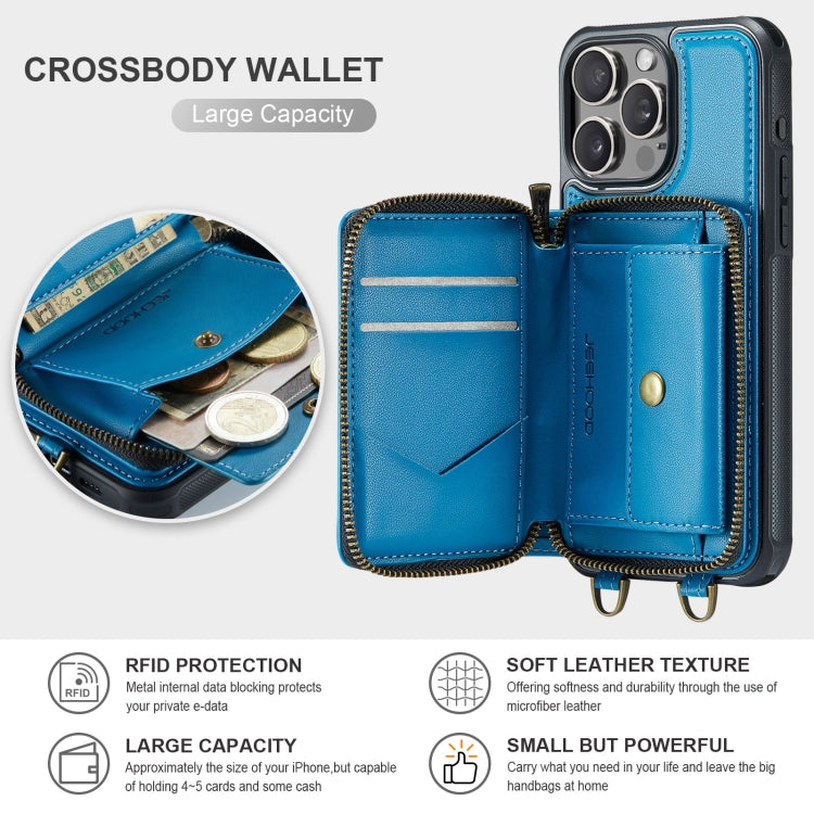 For iPhone 16 Pro JEEHOOD C22 Series Zipper Wallet Leather Phone Case with Dual Lanyard(Blue) - free shipping - PMC Jewellery - Order now!