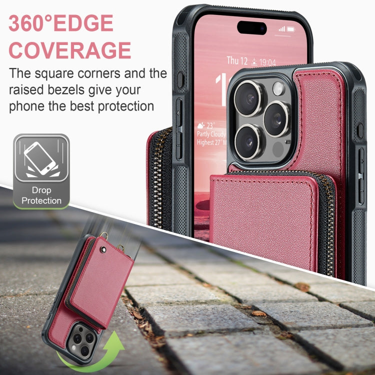 For iPhone 16 Pro JEEHOOD C22 Series Zipper Wallet Leather Phone Case with Dual Lanyard(Red) - free shipping - PMC Jewellery - Order now!
