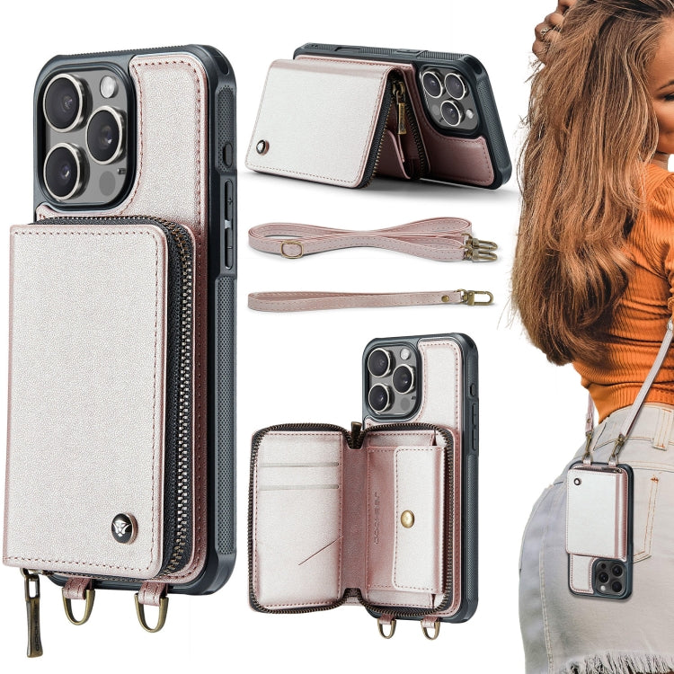 For iPhone 16 Pro JEEHOOD C22 Series Zipper Wallet Leather Phone Case with Dual Lanyard(Rose Gold) - free shipping - PMC Jewellery - Order now!
