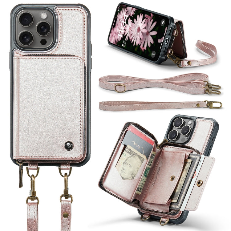 For iPhone 16 Pro JEEHOOD C22 Series Zipper Wallet Leather Phone Case with Dual Lanyard(Rose Gold) - free shipping - PMC Jewellery - Order now!