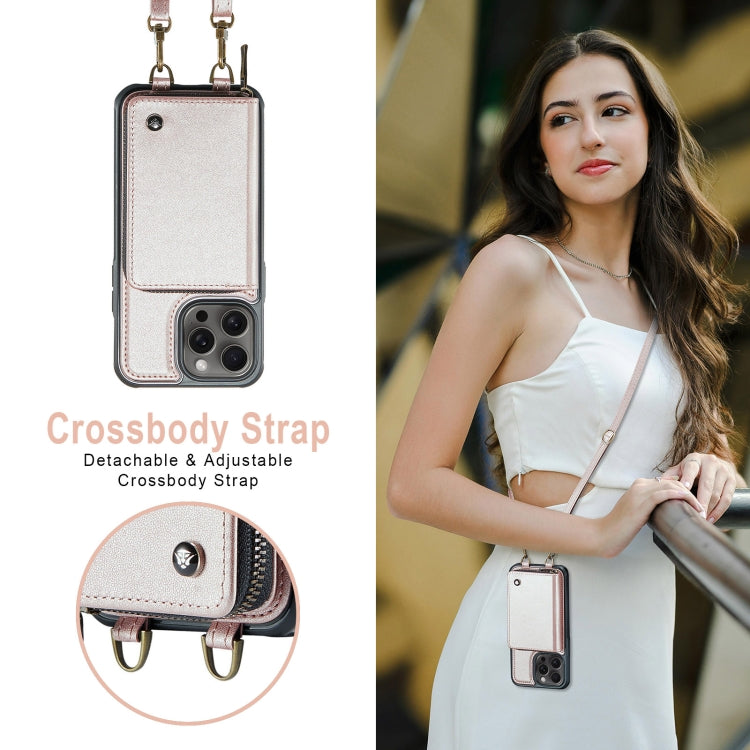 For iPhone 16 Pro JEEHOOD C22 Series Zipper Wallet Leather Phone Case with Dual Lanyard(Rose Gold) - free shipping - PMC Jewellery - Order now!