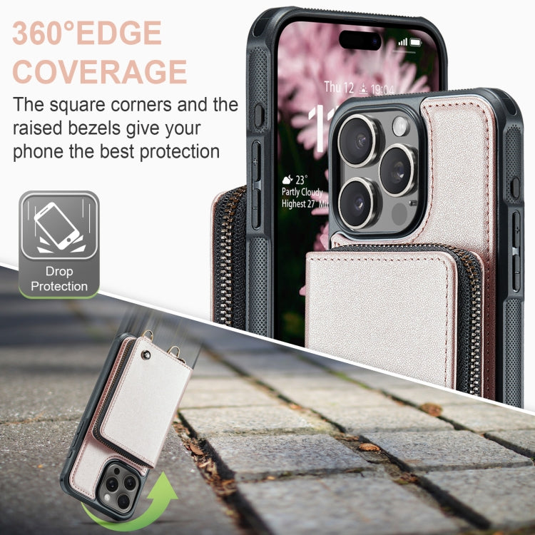 For iPhone 16 Pro JEEHOOD C22 Series Zipper Wallet Leather Phone Case with Dual Lanyard(Rose Gold) - free shipping - PMC Jewellery - Order now!