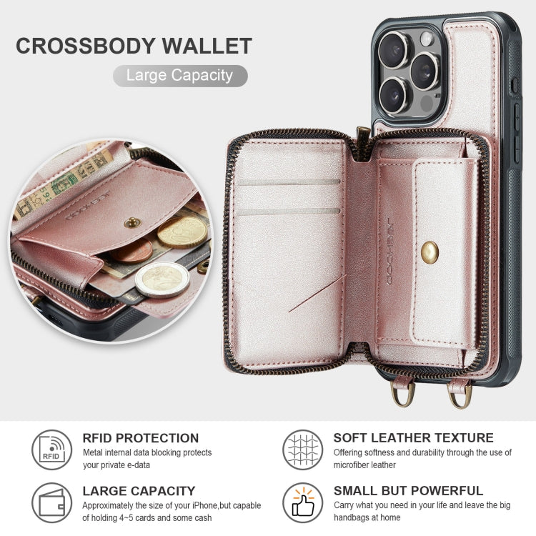 For iPhone 16 Pro JEEHOOD C22 Series Zipper Wallet Leather Phone Case with Dual Lanyard(Rose Gold) - free shipping - PMC Jewellery - Order now!