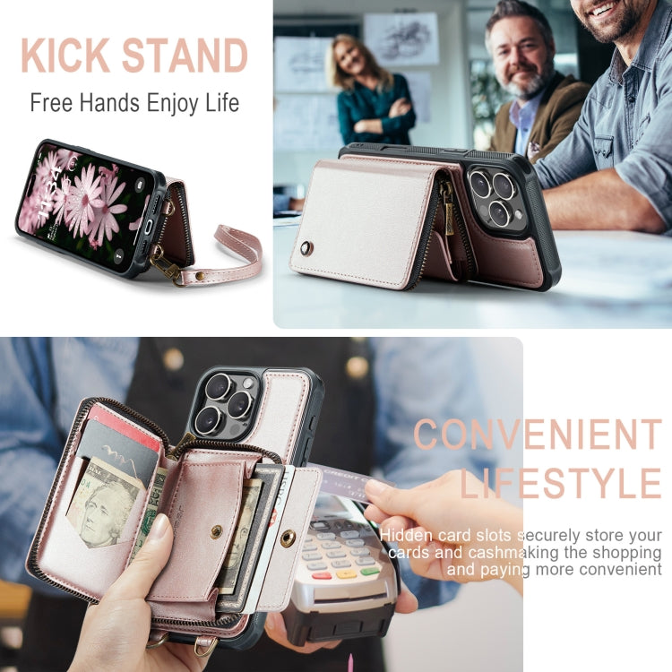 For iPhone 16 Pro JEEHOOD C22 Series Zipper Wallet Leather Phone Case with Dual Lanyard(Rose Gold) - free shipping - PMC Jewellery - Order now!