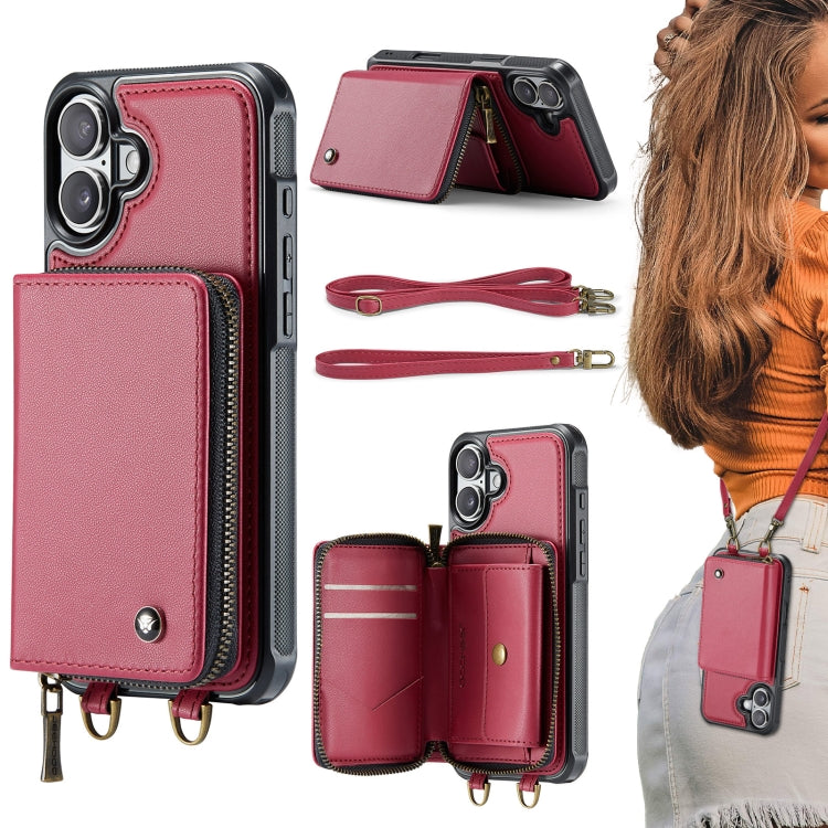 For iPhone 16 Plus JEEHOOD C22 Series Zipper Wallet Leather Phone Case with Dual Lanyard(Red) - free shipping - PMC Jewellery - Order now!