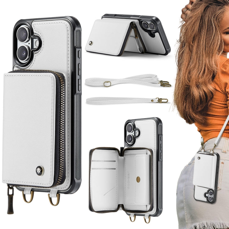 For iPhone 16 Plus JEEHOOD C22 Series Zipper Wallet Leather Phone Case with Dual Lanyard(White) - free shipping - PMC Jewellery - Order now!