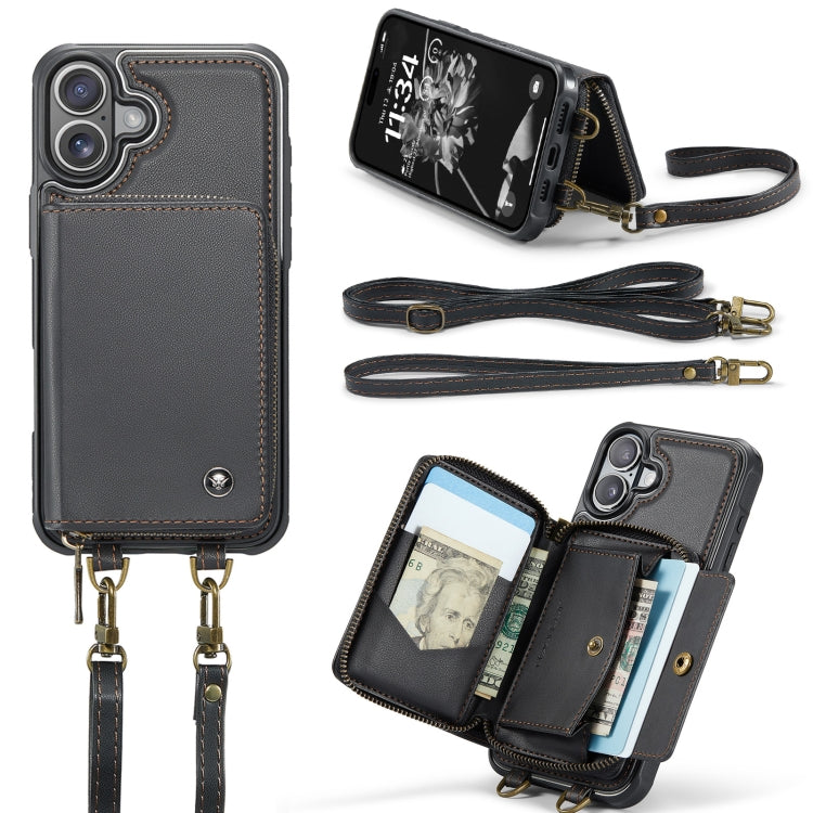 For iPhone 16 JEEHOOD C22 Series Zipper Wallet Leather Phone Case with Dual Lanyard(Black) - free shipping - PMC Jewellery - Order now!