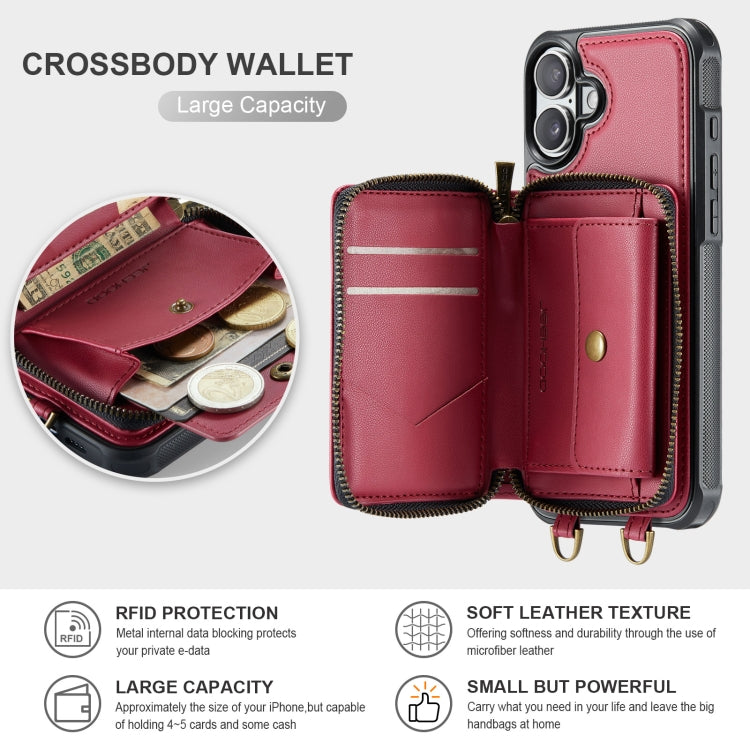 For iPhone 16 JEEHOOD C22 Series Zipper Wallet Leather Phone Case with Dual Lanyard(Red) - free shipping - PMC Jewellery - Order now!