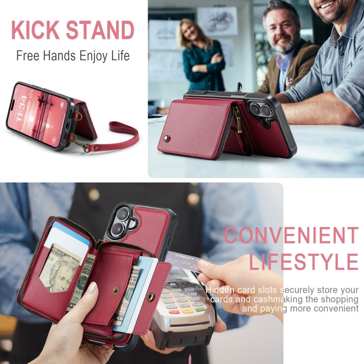 For iPhone 16 JEEHOOD C22 Series Zipper Wallet Leather Phone Case with Dual Lanyard(Red) - free shipping - PMC Jewellery - Order now!