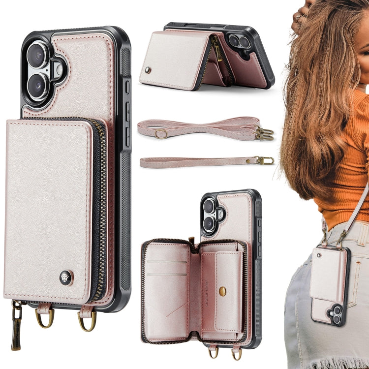 For iPhone 16 JEEHOOD C22 Series Zipper Wallet Leather Phone Case with Dual Lanyard(Rose Gold) - free shipping - PMC Jewellery - Order now!