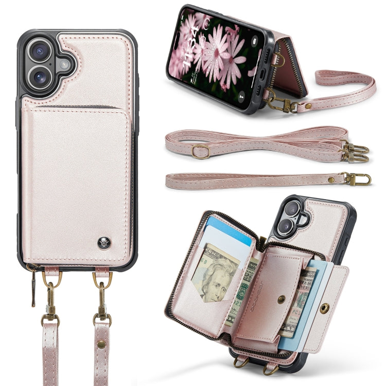 For iPhone 16 JEEHOOD C22 Series Zipper Wallet Leather Phone Case with Dual Lanyard(Rose Gold) - free shipping - PMC Jewellery - Order now!