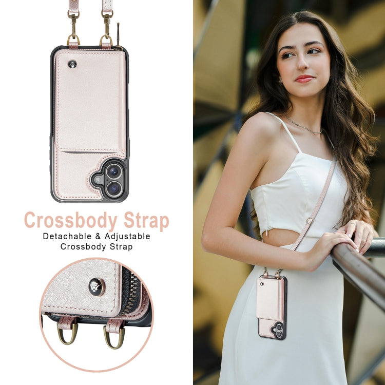 For iPhone 16 JEEHOOD C22 Series Zipper Wallet Leather Phone Case with Dual Lanyard(Rose Gold) - free shipping - PMC Jewellery - Order now!