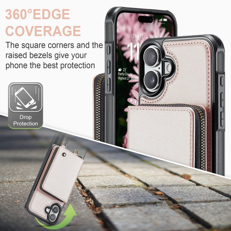 For iPhone 16 JEEHOOD C22 Series Zipper Wallet Leather Phone Case with Dual Lanyard(Rose Gold) - free shipping - PMC Jewellery - Order now!